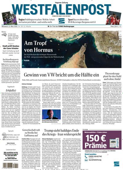 Titelbild der Ausgabe 59/2026 von Westfalenpost Hagen Süd. Diese Zeitschrift und viele weitere Zeitungsabos als Abo oder epaper bei United Kiosk online kaufen.