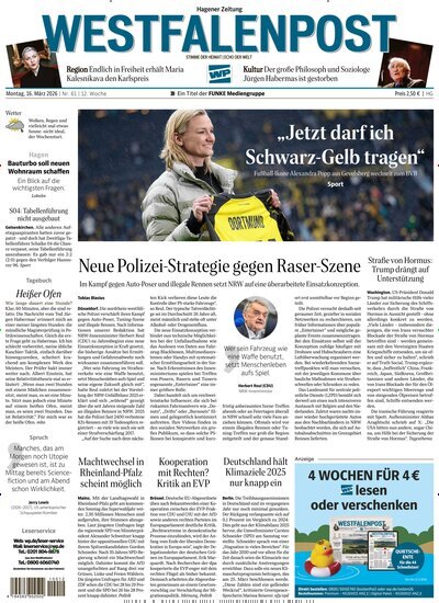 Titelbild der Ausgabe 63/2026 von Westfalenpost Hagen Süd. Diese Zeitschrift und viele weitere Zeitungsabos als Abo oder epaper bei United Kiosk online kaufen.