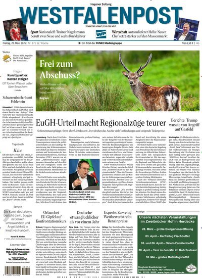 Titelbild der Ausgabe 67/2026 von Westfalenpost Hagen Süd. Diese Zeitschrift und viele weitere Zeitungsabos als Abo oder epaper bei United Kiosk online kaufen.