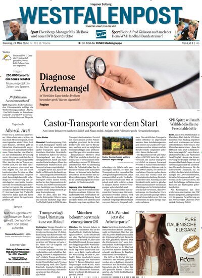 Titelbild der Ausgabe 70/2026 von Westfalenpost Hagen Süd. Diese Zeitschrift und viele weitere Zeitungsabos als Abo oder epaper bei United Kiosk online kaufen.