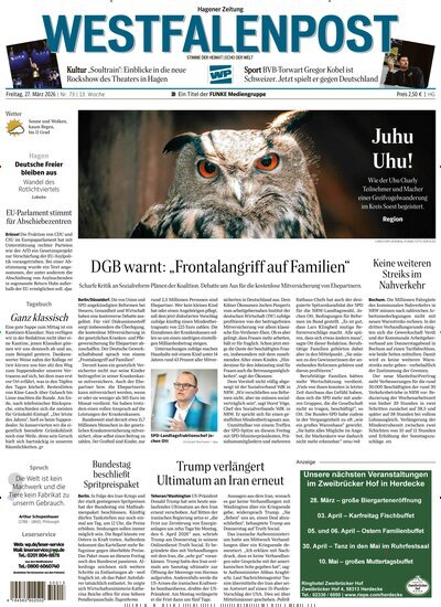 Titelbild der Ausgabe 73/2026 von Westfalenpost Hagen Süd. Diese Zeitschrift und viele weitere Zeitungsabos als Abo oder epaper bei United Kiosk online kaufen.
