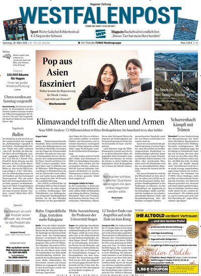 Titelbild der Ausgabe 74/2026 von Westfalenpost Hagen Süd. Diese Zeitschrift und viele weitere Zeitungsabos als Abo oder epaper bei United Kiosk online kaufen.