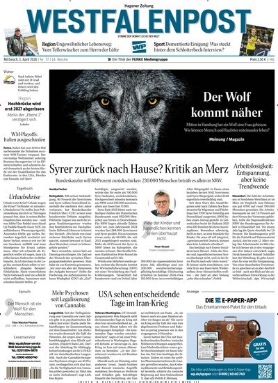 Titelbild der Ausgabe 77/2026 von Westfalenpost Hagen Süd. Diese Zeitschrift und viele weitere Zeitungsabos als Abo oder epaper bei United Kiosk online kaufen.