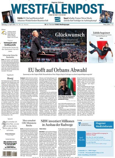 Titelbild der Ausgabe 84/2026 von Westfalenpost Hagen Süd. Diese Zeitschrift und viele weitere Zeitungsabos als Abo oder epaper bei United Kiosk online kaufen.