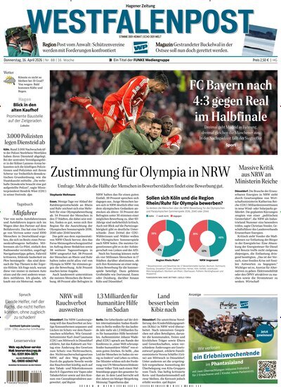 Titelbild der Ausgabe 88/2026 von Westfalenpost Hagen Süd. Diese Zeitschrift und viele weitere Zeitungsabos als Abo oder epaper bei United Kiosk online kaufen.