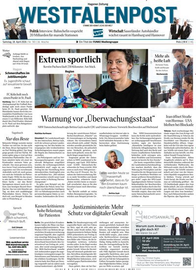 Titelbild der Ausgabe 90/2026 von Westfalenpost Hagen Süd. Diese Zeitschrift und viele weitere Zeitungsabos als Abo oder epaper bei United Kiosk online kaufen.