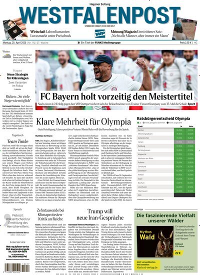 Titelbild der Ausgabe 91/2026 von Westfalenpost Hagen Süd. Diese Zeitschrift und viele weitere Zeitungsabos als Abo oder epaper bei United Kiosk online kaufen.