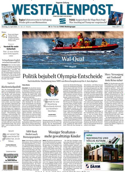Titelbild der Ausgabe 92/2026 von Westfalenpost Hagen Süd. Diese Zeitschrift und viele weitere Zeitungsabos als Abo oder epaper bei United Kiosk online kaufen.