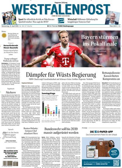 Titelbild der Ausgabe 94/2026 von Westfalenpost Hagen Süd. Diese Zeitschrift und viele weitere Zeitungsabos als Abo oder epaper bei United Kiosk online kaufen.