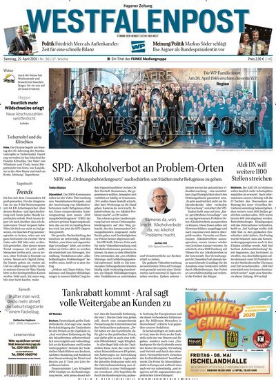 Titelbild der Ausgabe 96/2026 von Westfalenpost Hagen Süd. Diese Zeitschrift und viele weitere Zeitungsabos als Abo oder epaper bei United Kiosk online kaufen.