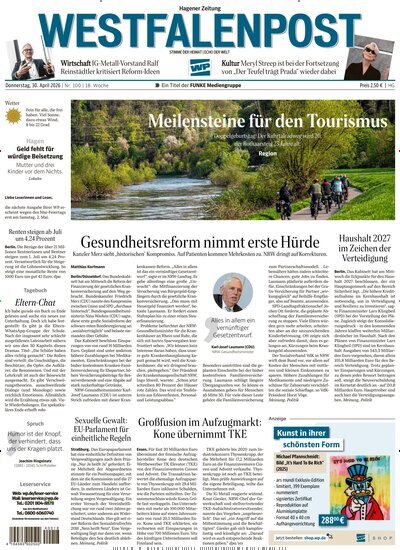Titelbild der Ausgabe 100/2026 von Westfalenpost Hagen Süd. Diese Zeitschrift und viele weitere Zeitungsabos als Abo oder epaper bei United Kiosk online kaufen.