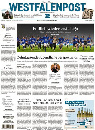 Titelbild der Ausgabe 102/2026 von Westfalenpost Hagen Süd. Diese Zeitschrift und viele weitere Zeitungsabos als Abo oder epaper bei United Kiosk online kaufen.