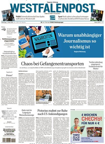 Titelbild der Ausgabe 103/2026 von Westfalenpost Hagen Süd. Diese Zeitschrift und viele weitere Zeitungsabos als Abo oder epaper bei United Kiosk online kaufen.