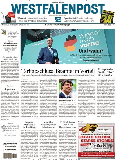 Titelbild der Ausgabe 104/2026 von Westfalenpost Hagen Süd. Diese Zeitschrift und viele weitere Zeitungsabos als Abo oder epaper bei United Kiosk online kaufen.