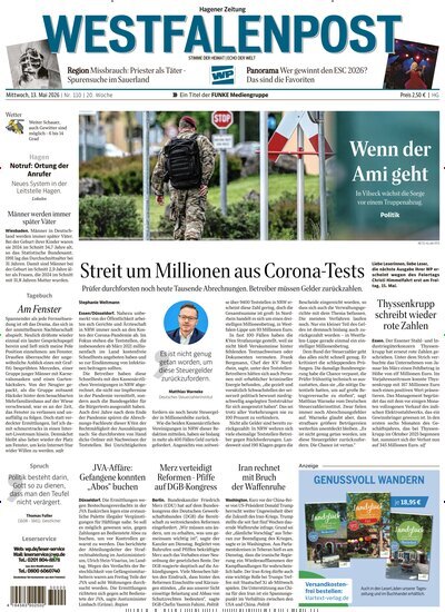 Titelbild der Ausgabe 110/2026 von Westfalenpost Hagen Süd. Diese Zeitschrift und viele weitere Zeitungsabos als Abo oder epaper bei United Kiosk online kaufen.