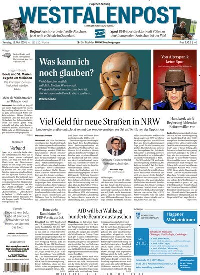 Titelbild der Ausgabe 112/2026 von Westfalenpost Hagen Süd. Diese Zeitschrift und viele weitere Zeitungsabos als Abo oder epaper bei United Kiosk online kaufen.