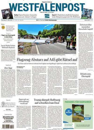 Titelbild der Ausgabe 119/2026 von Westfalenpost Hagen Süd. Diese Zeitschrift und viele weitere Zeitungsabos als Abo oder epaper bei United Kiosk online kaufen.