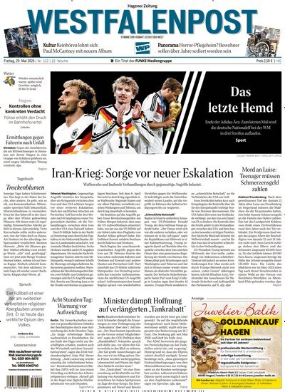 Titelbild der Ausgabe 122/2026 von Westfalenpost Hagen Süd. Diese Zeitschrift und viele weitere Zeitungsabos als Abo oder epaper bei United Kiosk online kaufen.