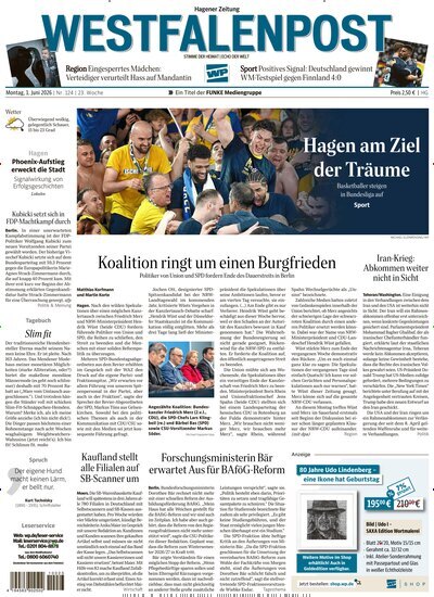 Titelbild der Ausgabe 124/2026 von Westfalenpost Hagen Süd. Diese Zeitschrift und viele weitere Zeitungsabos als Abo oder epaper bei United Kiosk online kaufen.