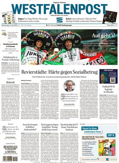 Titelbild der Ausgabe 132/2026 von Westfalenpost Hagen Süd. Diese Zeitschrift und viele weitere Zeitungsabos als Abo oder epaper bei United Kiosk online kaufen.