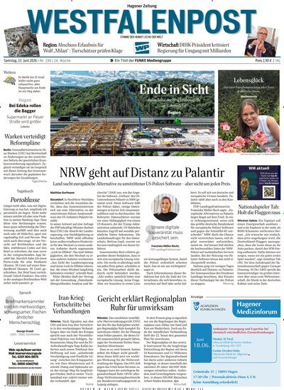 Titelbild der Ausgabe 134/2026 von Westfalenpost Hagen Süd. Diese Zeitschrift und viele weitere Zeitungsabos als Abo oder epaper bei United Kiosk online kaufen.