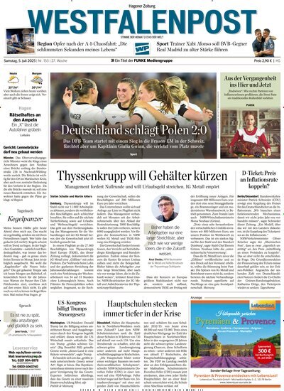 Titelbild der Ausgabe 153/2025 von Westfalenpost Hagen Süd. Diese Zeitschrift und viele weitere Zeitungsabos als Abo oder epaper bei United Kiosk online kaufen.