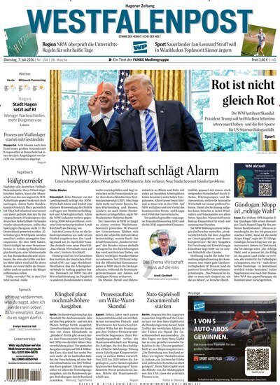 Titelbild der Ausgabe 154/2026 von Westfalenpost Hagen Süd. Diese Zeitschrift und viele weitere Zeitungsabos als Abo oder epaper bei United Kiosk online kaufen.