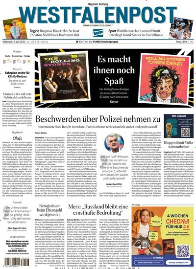Titelbild der Ausgabe 155/2026 von Westfalenpost Hagen Süd. Diese Zeitschrift und viele weitere Zeitungsabos als Abo oder epaper bei United Kiosk online kaufen.