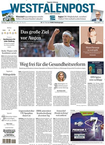 Titelbild der Ausgabe 158/2026 von Westfalenpost Hagen Süd. Diese Zeitschrift und viele weitere Zeitungsabos als Abo oder epaper bei United Kiosk online kaufen.