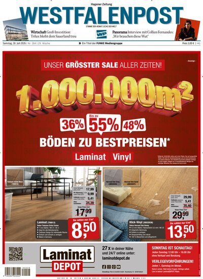 Titelbild der Ausgabe 164/2026 von Westfalenpost Hagen Süd. Diese Zeitschrift und viele weitere Zeitungsabos als Abo oder epaper bei United Kiosk online kaufen.