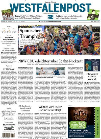 Titelbild der Ausgabe 165/2026 von Westfalenpost Hagen Süd. Diese Zeitschrift und viele weitere Zeitungsabos als Abo oder epaper bei United Kiosk online kaufen.