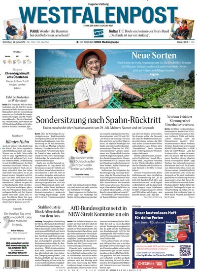 Titelbild der Ausgabe 166/2026 von Westfalenpost Hagen Süd. Diese Zeitschrift und viele weitere Zeitungsabos als Abo oder epaper bei United Kiosk online kaufen.
