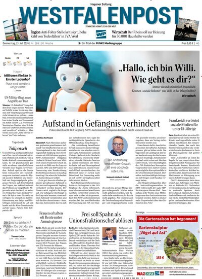 Titelbild der Ausgabe 168/2026 von Westfalenpost Hagen Süd. Diese Zeitschrift und viele weitere Zeitungsabos als Abo oder epaper bei United Kiosk online kaufen.