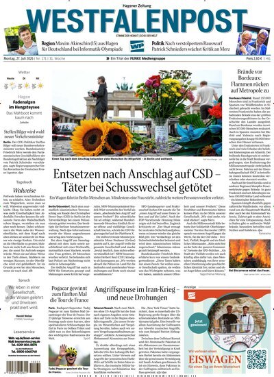 Titelbild der Ausgabe 171/2026 von Westfalenpost Hagen Süd. Diese Zeitschrift und viele weitere Zeitungsabos als Abo oder epaper bei United Kiosk online kaufen.