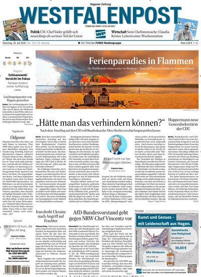 Titelbild der Ausgabe 172/2026 von Westfalenpost Hagen Süd. Diese Zeitschrift und viele weitere Zeitungsabos als Abo oder epaper bei United Kiosk online kaufen.