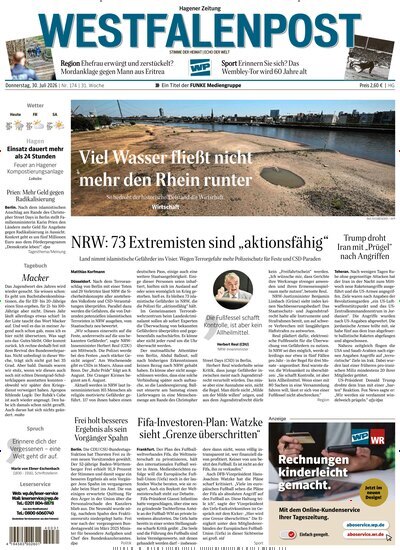 Titelbild der Ausgabe 174/2026 von Westfalenpost Hagen Süd. Diese Zeitschrift und viele weitere Zeitungsabos als Abo oder epaper bei United Kiosk online kaufen.