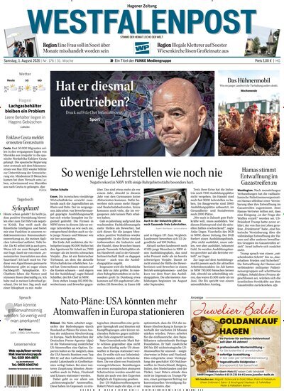 Titelbild der Ausgabe 176/2026 von Westfalenpost Hagen Süd. Diese Zeitschrift und viele weitere Zeitungsabos als Abo oder epaper bei United Kiosk online kaufen.