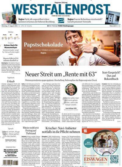 Titelbild der Ausgabe 178/2026 von Westfalenpost Hagen Süd. Diese Zeitschrift und viele weitere Zeitungsabos als Abo oder epaper bei United Kiosk online kaufen.