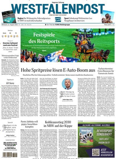 Titelbild der Ausgabe 185/2026 von Westfalenpost Hagen Süd. Diese Zeitschrift und viele weitere Zeitungsabos als Abo oder epaper bei United Kiosk online kaufen.
