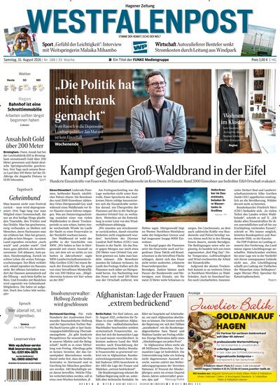Titelbild der Ausgabe 188/2026 von Westfalenpost Hagen Süd. Diese Zeitschrift und viele weitere Zeitungsabos als Abo oder epaper bei United Kiosk online kaufen.