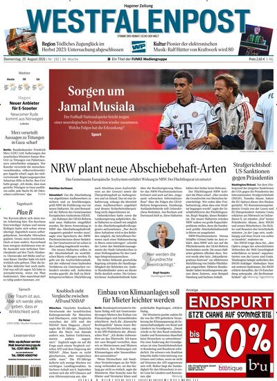 Titelbild der Ausgabe 192/2026 von Westfalenpost Hagen Süd. Diese Zeitschrift und viele weitere Zeitungsabos als Abo oder epaper bei United Kiosk online kaufen.