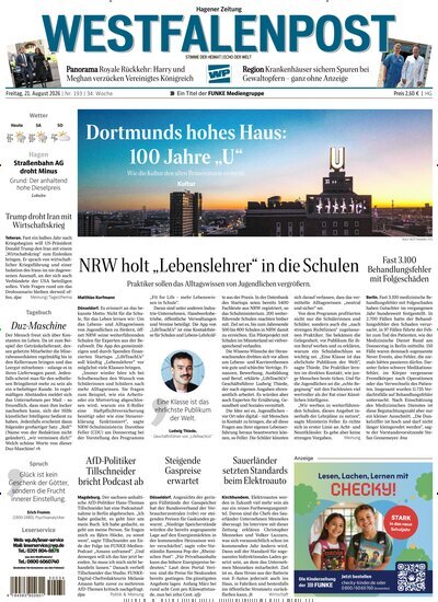 Titelbild der Ausgabe 193/2026 von Westfalenpost Hagen Süd. Diese Zeitschrift und viele weitere Zeitungsabos als Abo oder epaper bei United Kiosk online kaufen.