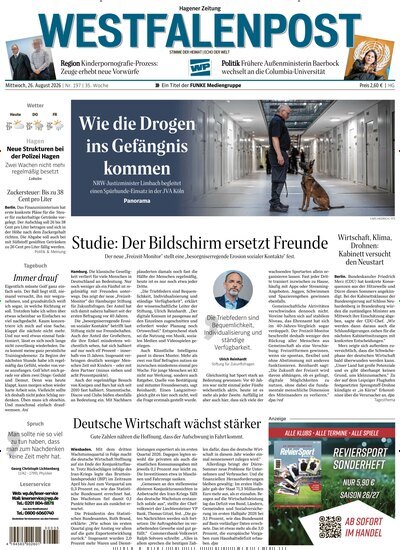 Titelbild der Ausgabe 197/2026 von Westfalenpost Hagen Süd. Diese Zeitschrift und viele weitere Zeitungsabos als Abo oder epaper bei United Kiosk online kaufen.