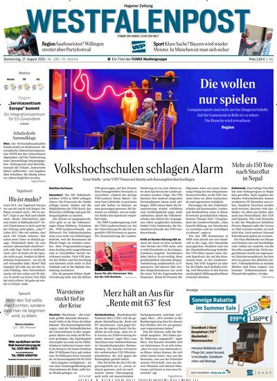 Titelbild der Ausgabe 198/2026 von Westfalenpost Hagen Süd. Diese Zeitschrift und viele weitere Zeitungsabos als Abo oder epaper bei United Kiosk online kaufen.
