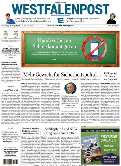 Titelbild der Ausgabe 199/2025 von Westfalenpost Hagen Süd. Diese Zeitschrift und viele weitere Zeitungsabos als Abo oder epaper bei United Kiosk online kaufen.