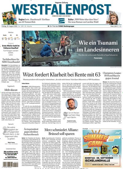 Titelbild der Ausgabe 199/2026 von Westfalenpost Hagen Süd. Diese Zeitschrift und viele weitere Zeitungsabos als Abo oder epaper bei United Kiosk online kaufen.