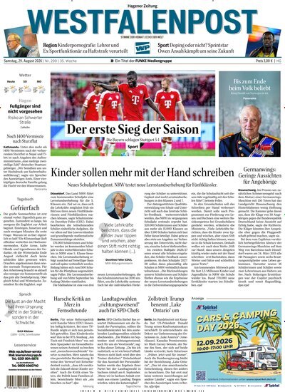 Titelbild der Ausgabe 200/2026 von Westfalenpost Hagen Süd. Diese Zeitschrift und viele weitere Zeitungsabos als Abo oder epaper bei United Kiosk online kaufen.