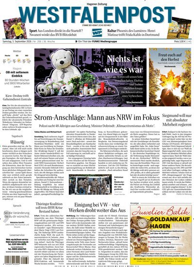Titelbild der Ausgabe 206/2026 von Westfalenpost Hagen Süd. Diese Zeitschrift und viele weitere Zeitungsabos als Abo oder epaper bei United Kiosk online kaufen.