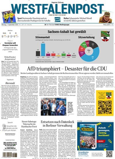 Titelbild der Ausgabe 207/2026 von Westfalenpost Hagen Süd. Diese Zeitschrift und viele weitere Zeitungsabos als Abo oder epaper bei United Kiosk online kaufen.