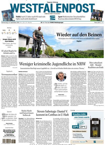 Titelbild der Ausgabe 210/2026 von Westfalenpost Hagen Süd. Diese Zeitschrift und viele weitere Zeitungsabos als Abo oder epaper bei United Kiosk online kaufen.